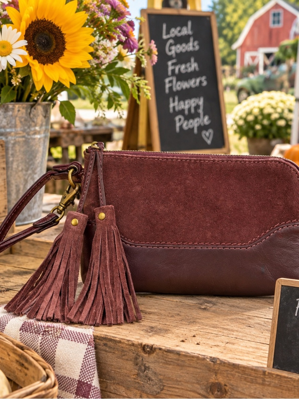Frye Women's Suede & Leather Tassel Wristlet Clutch - Burgundy
